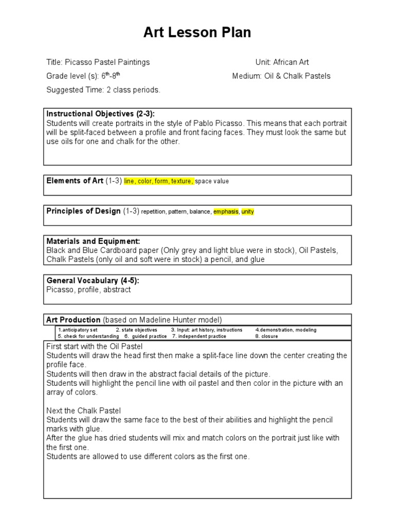 Art Lesson Plan: Instructional Objectives (2-3) | PDF | Language Arts ...