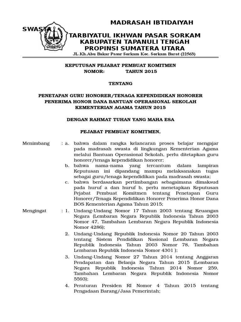 Contoh SK Guru Honorer BOS