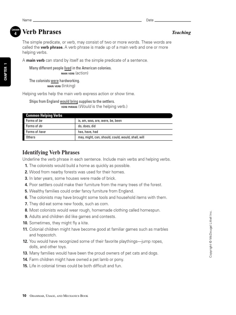 Verb Phrase Worksheets | Phrase | Verb