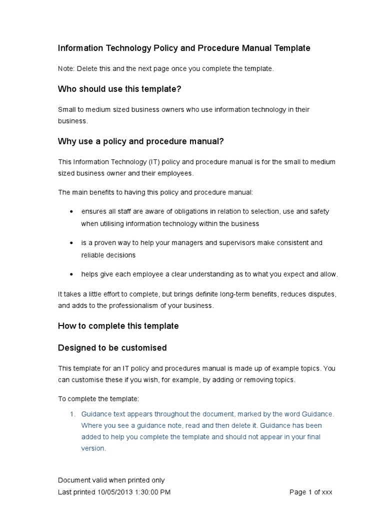 IT Policies and Procedures Manual Template PDF Computer Hardware