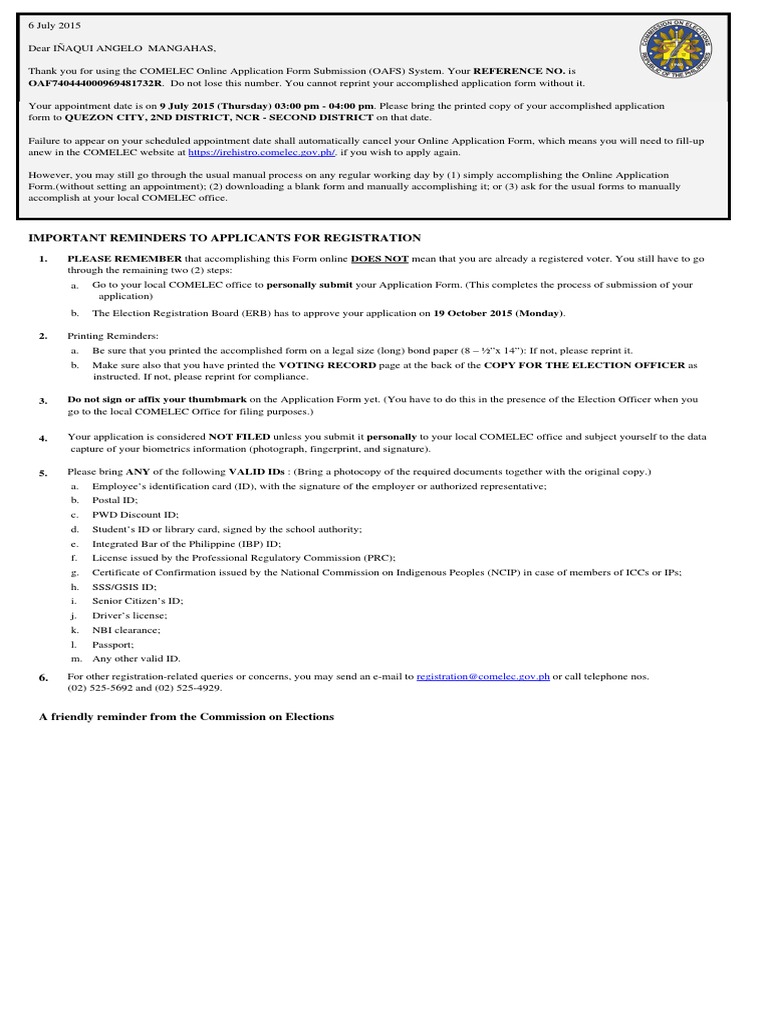 COMELEC Online Registration Appointment | PDF | Identity Document ...