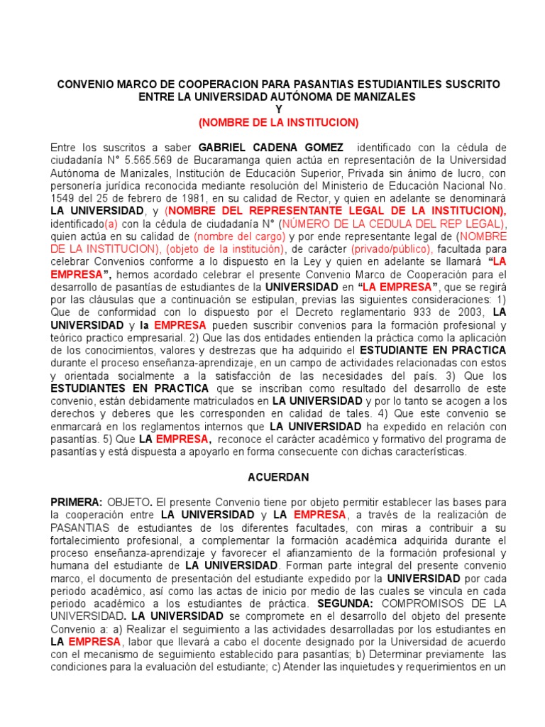 Convenio Marco de Cooperacion para Pasantias Estudiantiles | PDF ...