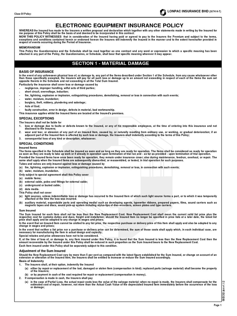 Electronic Equipment Insurance Policy PDF Indemnity Arbitral Tribunal
