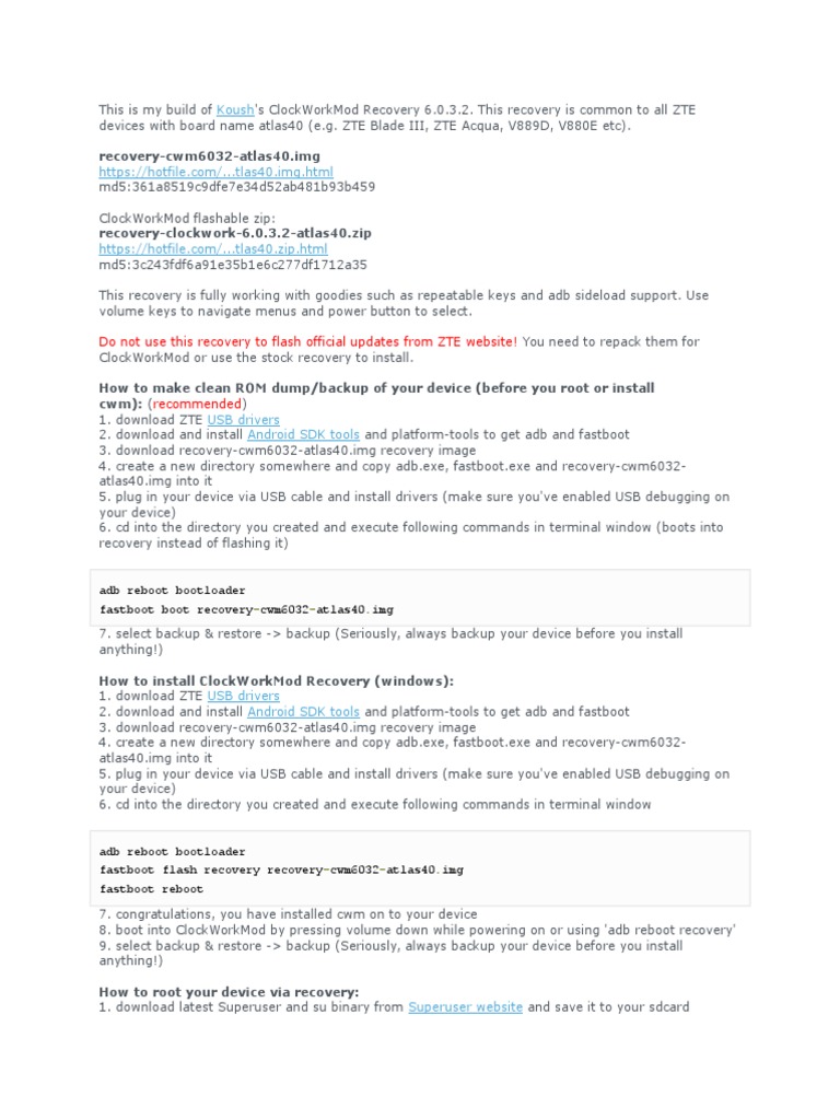 ClockWorkMod Recovery for ZTE Atlas40 | PDF | Booting | Operating ...