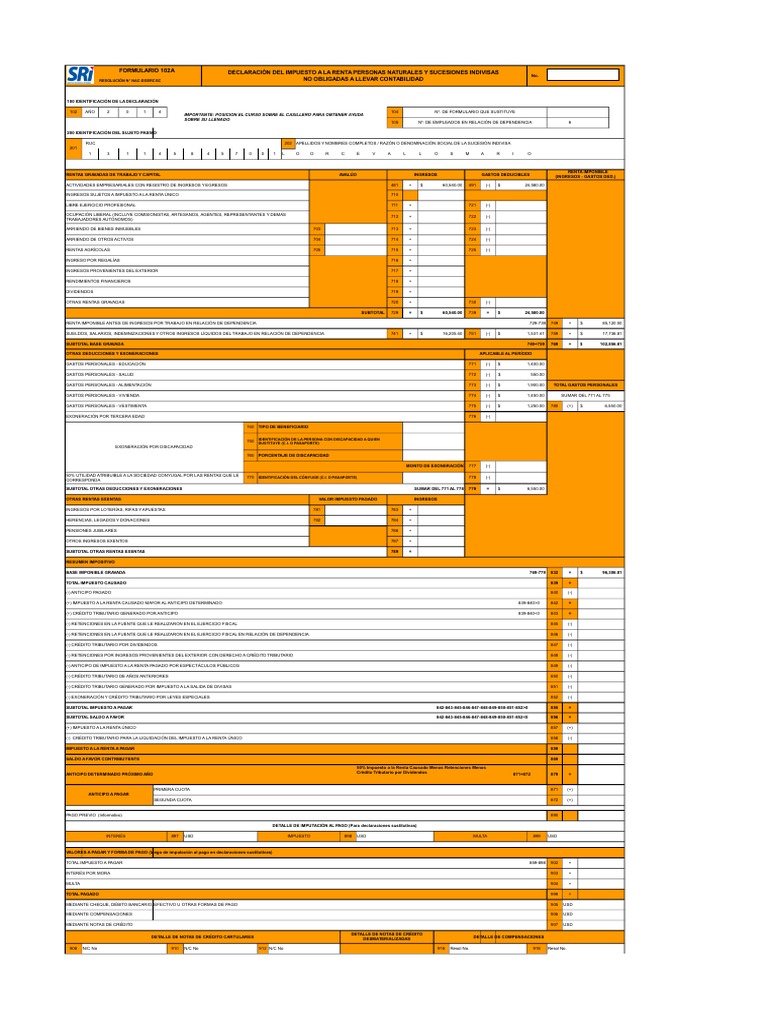Formulario 102A SRI: Guía 2024 | PDF | Impuesto sobre la renta | Impuestos