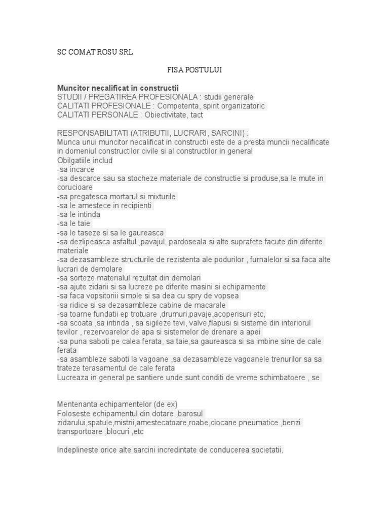 Muncitor Necalificat Constructii Fisa Post Muncitor Necalificat in Constructii | PDF