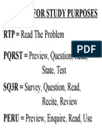 Reading For Study Purposes RTP Read The Problem PQRST Preview, Question, Read, SQ3R Survey, Question, Read, PERU Preview, Enquire, Read, Use