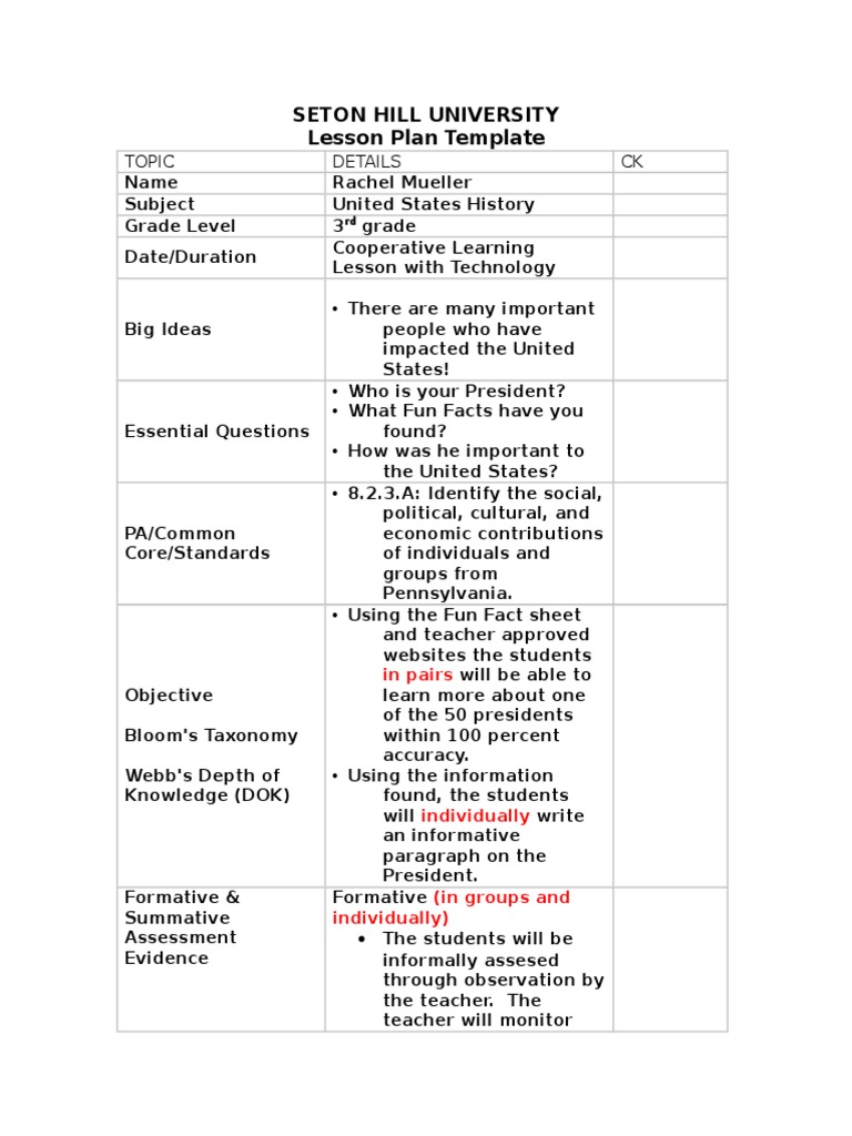 Seton Hill University Lesson Plan Template: Topic Details CK | PDF ...