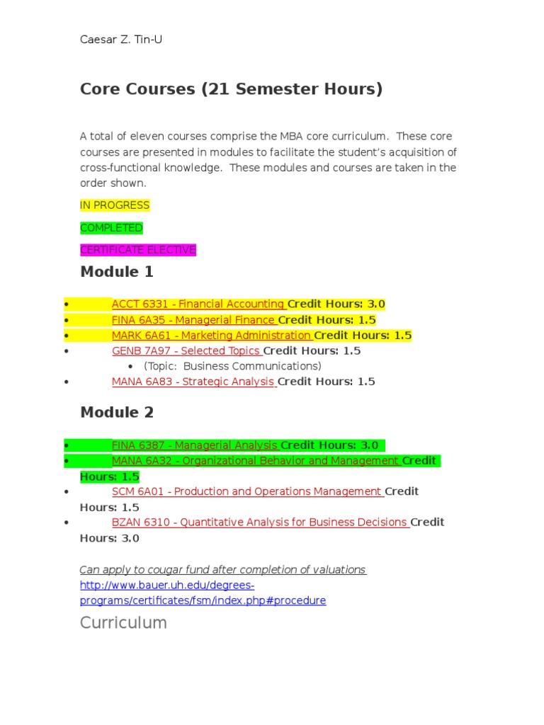 UH MBA Degree Plan Master Of Business Administration Valuation