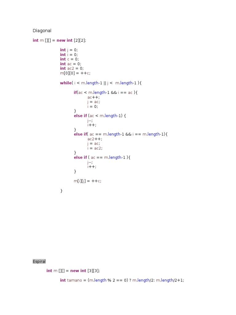 Diagonal and Spiral Matrix Generation | PDF