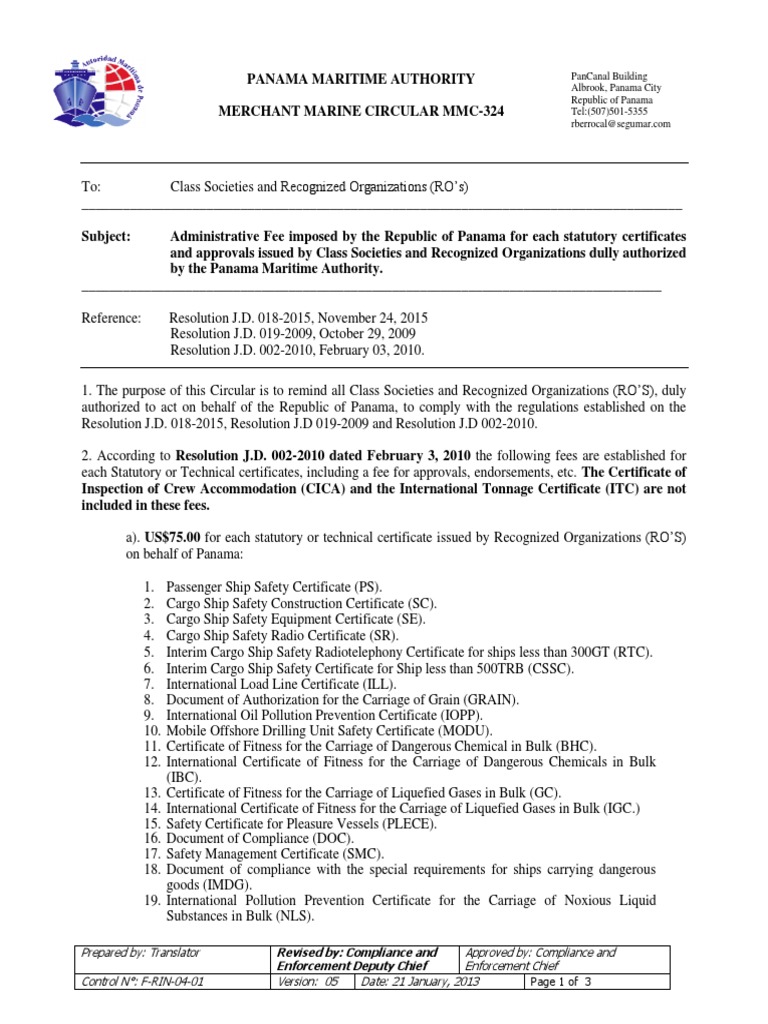 Panama Maritime Authority Merchant Marine Circular MMC324 PDF Cargo Ship United States