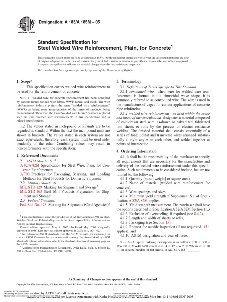 ASTM A185.A185M 05012005 STD SPECS 4 STEEL WELDED WIRE REINFORCEMENT