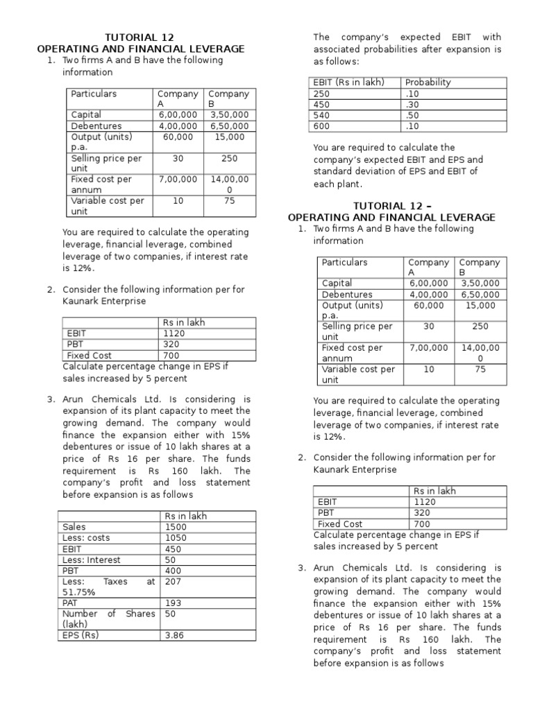Tut 12 Financial and Operating Leverage | PDF | Business