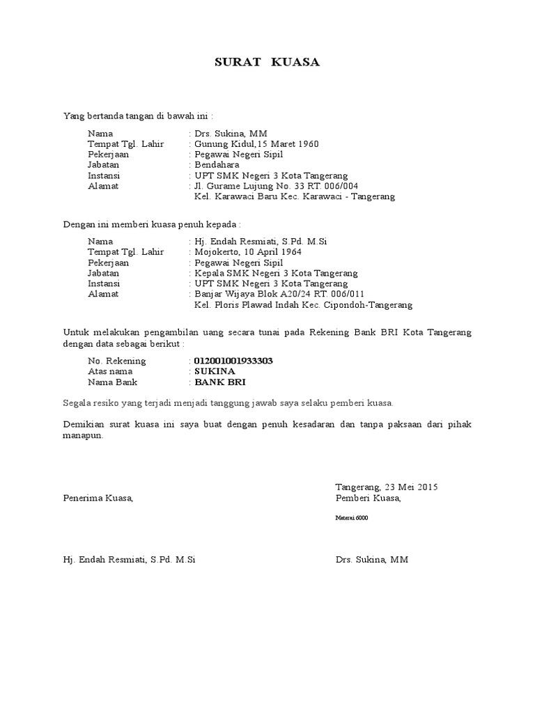 Surat Kuasa Pengambilan Uang