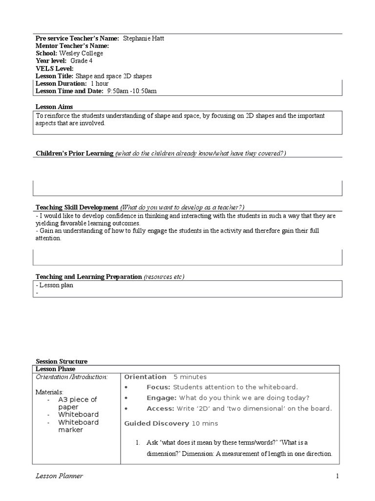 Maths Lesson Plan 2d Shapes PDF Triangle Lesson Plan