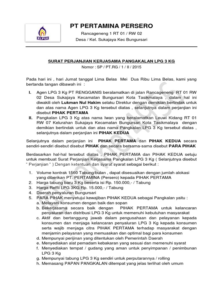 Surat Perjanjian Kerjasama Pangkalan Lpg 3 Kg