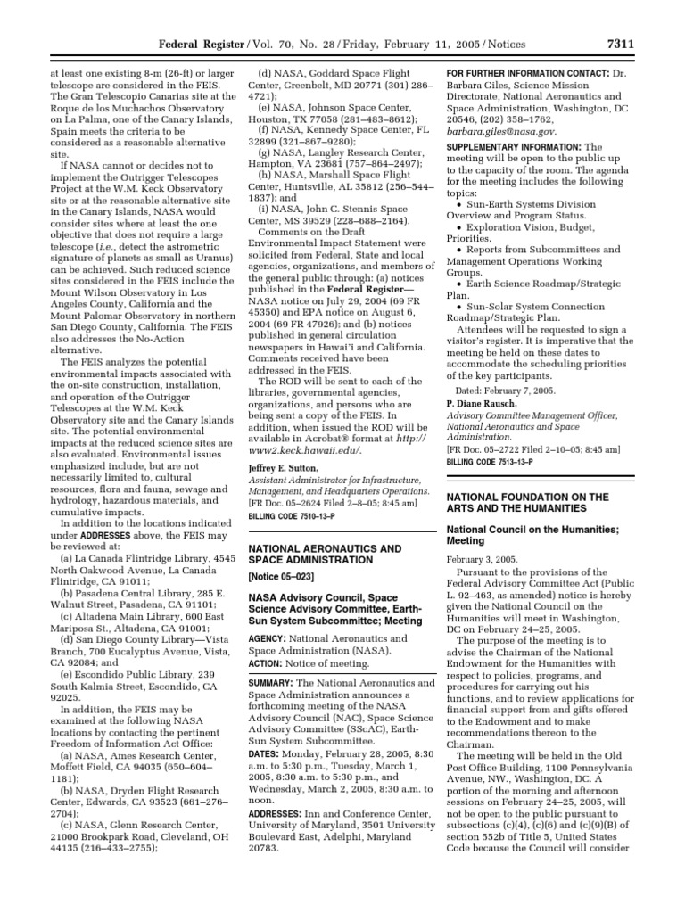 Notice: Environmental Statements Availability, Etc.: Space Science ...