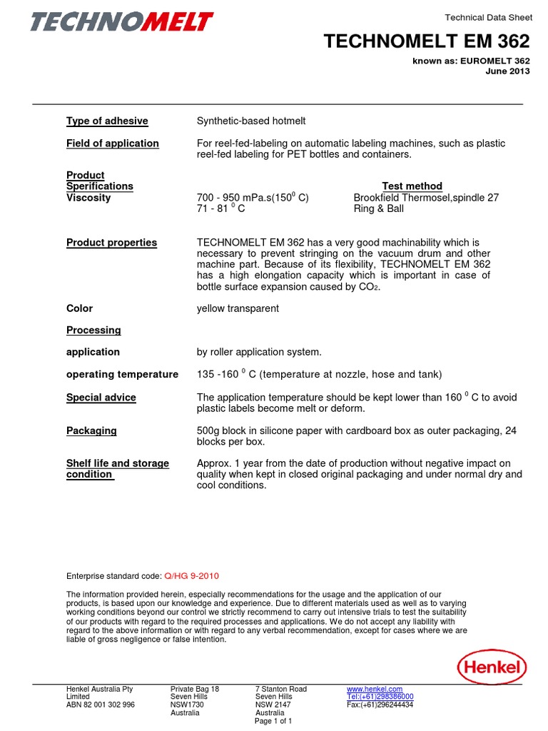 Henkel Technomelt EM 362 TDS