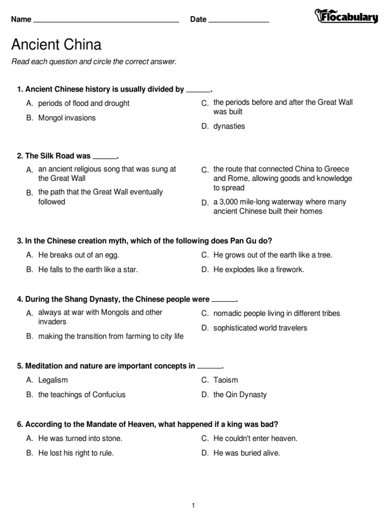 AncientChinaFlocabulary Quiz PDF History Of China East Asia