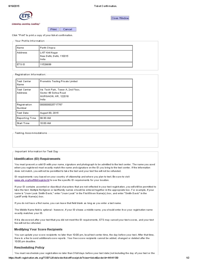 TOEFL Receipt | PDF | Graduate Record Examinations | Test Of English As ...
