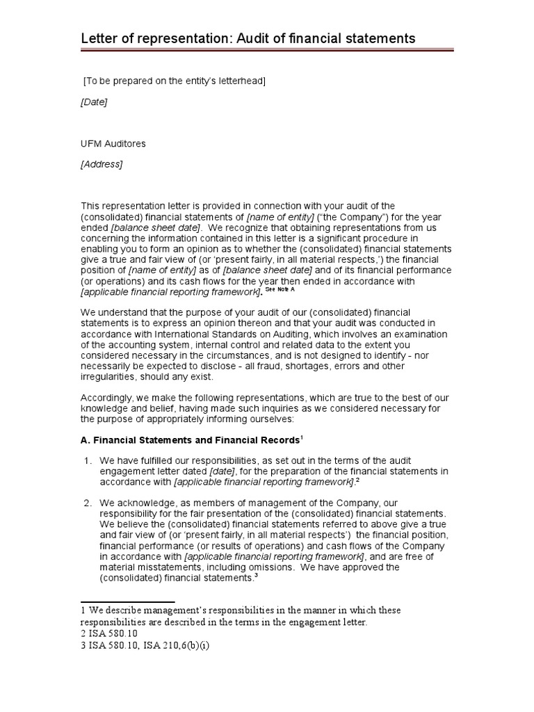 management representation letter for consolidated financial statements