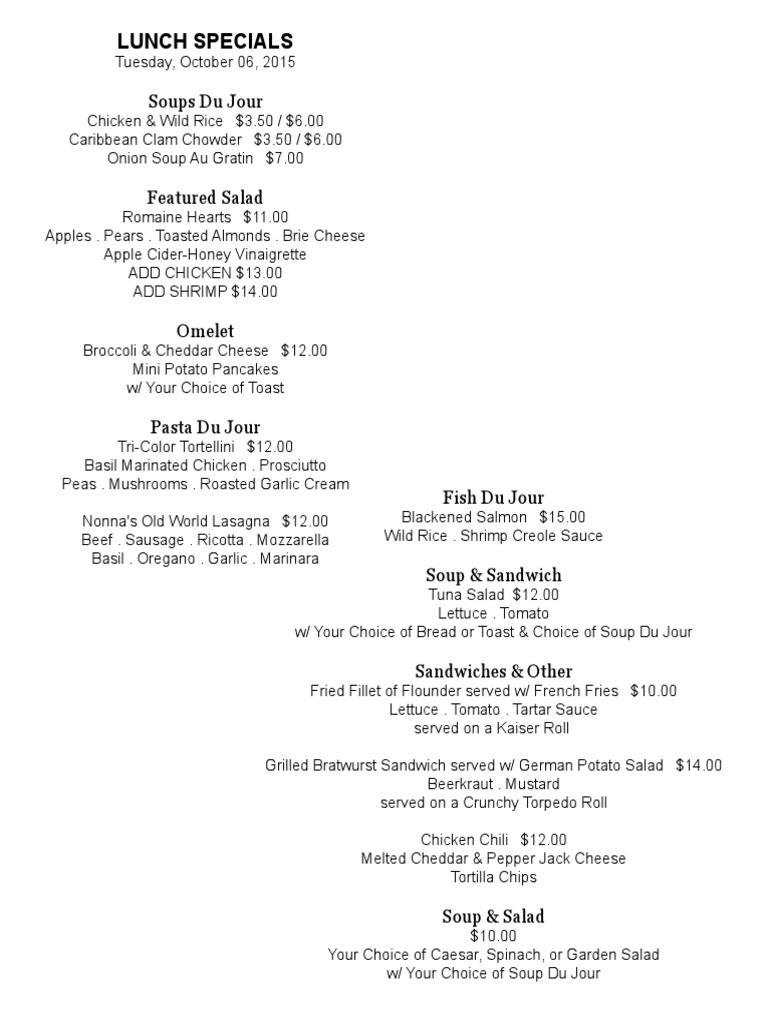October 2015 Lunch Specials Menu | PDF | Cooking, Food & Wine