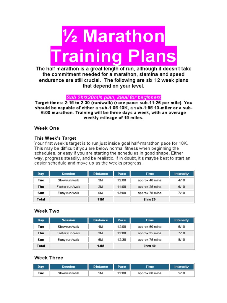 12-Week Half Marathon Training Plans | PDF | Running | Determinants Of ...