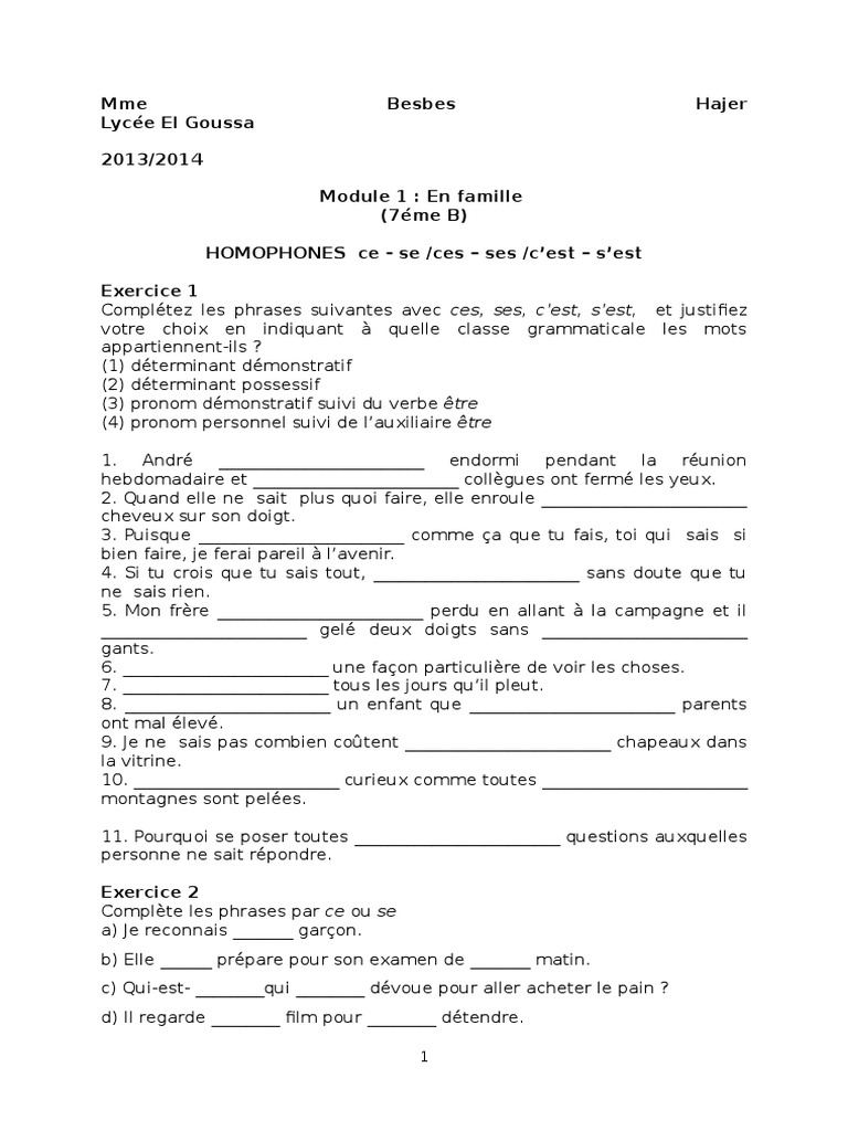 Exercices Homophones Ces Ses à Imprimer Homophones Grammaticaux de Catégories Différentes 7éme B Mod 1 | PDF