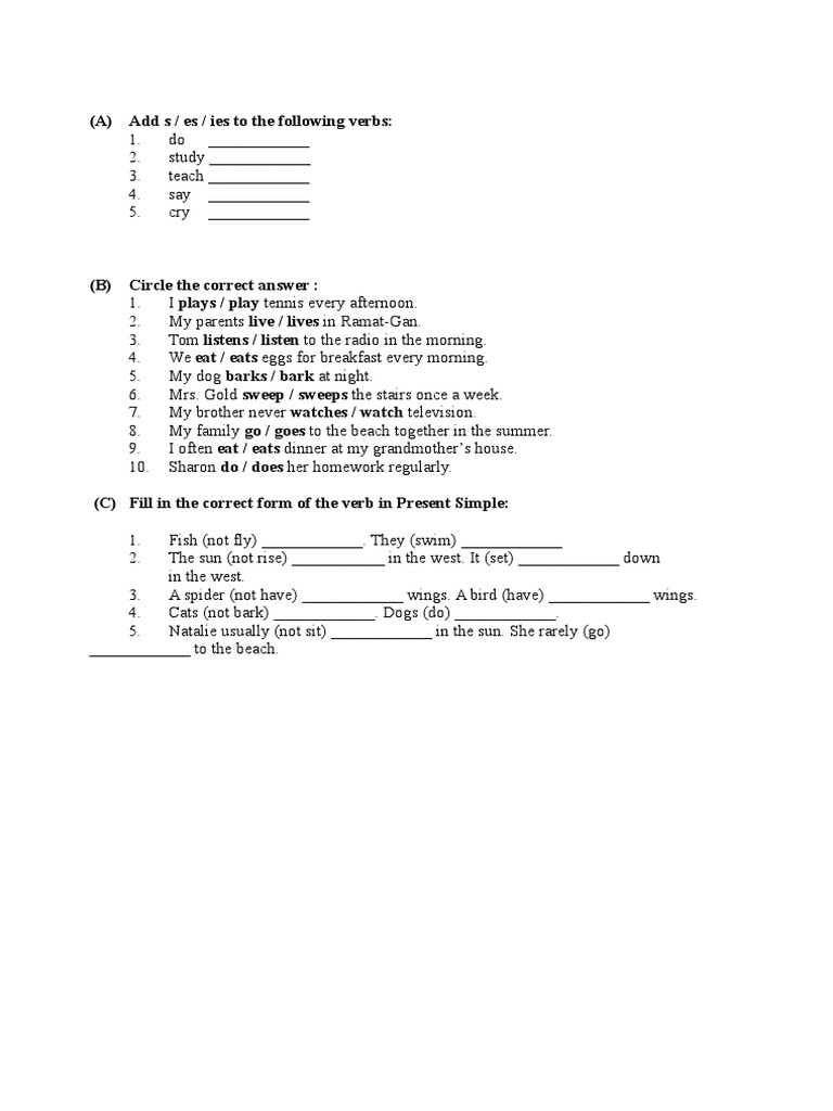 Present Simple Verb Forms Practice | PDF | Cooking, Food & Wine ...
