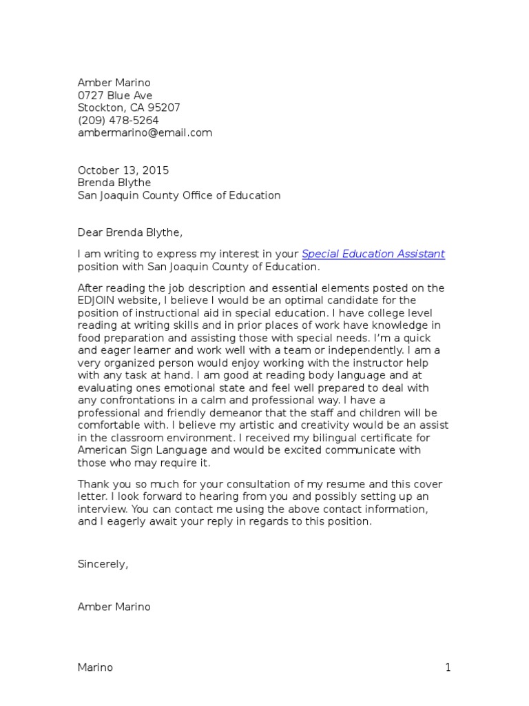 Cover Letter for Special Education Assistant | PDF | Self-Improvement ...