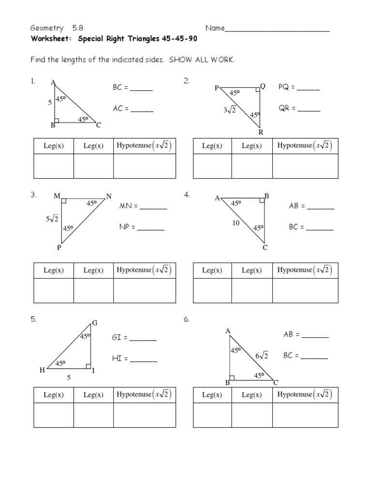 45 45 90 Triangle Worksheet With Answers 45 45 90 Right Triangles