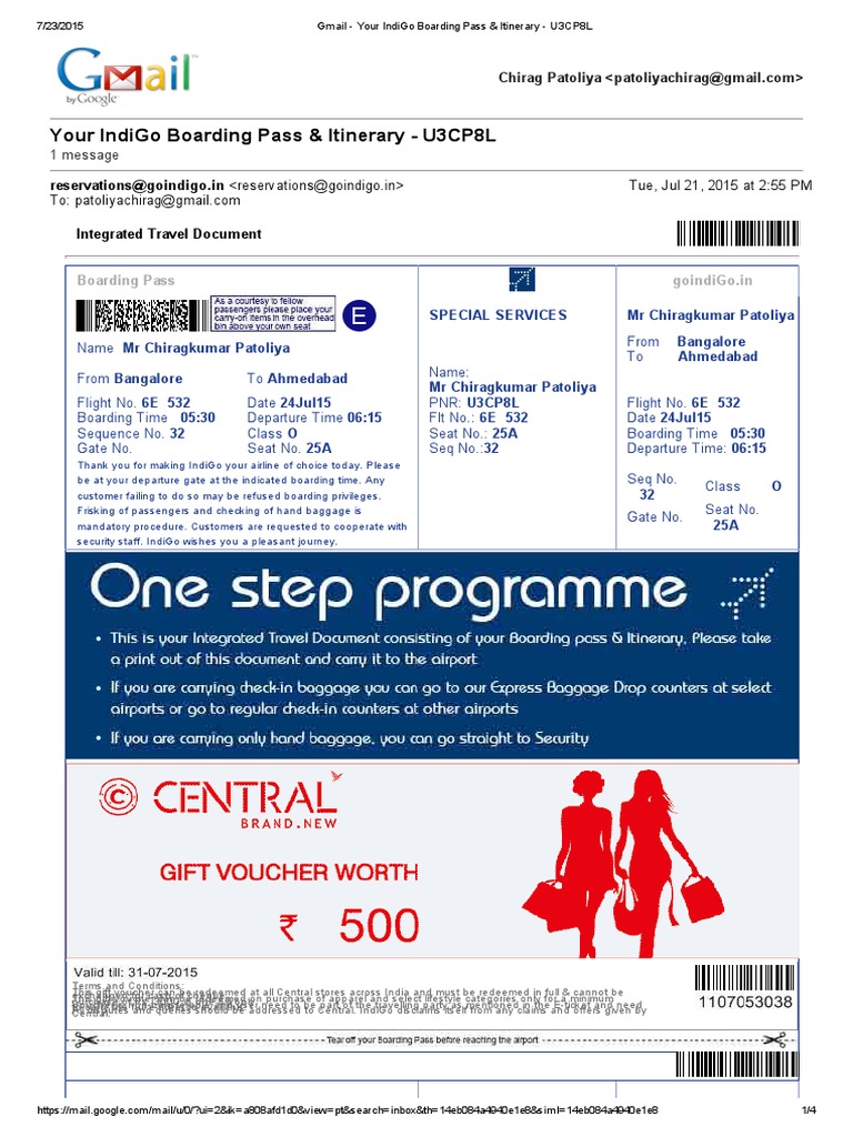 IndiGo Boarding Pass & Itinerary U3CP8L PDF Airport