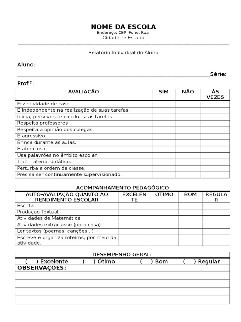 Relatório Individual do Desempenho Acadêmico e Comportamental do Aluno ...