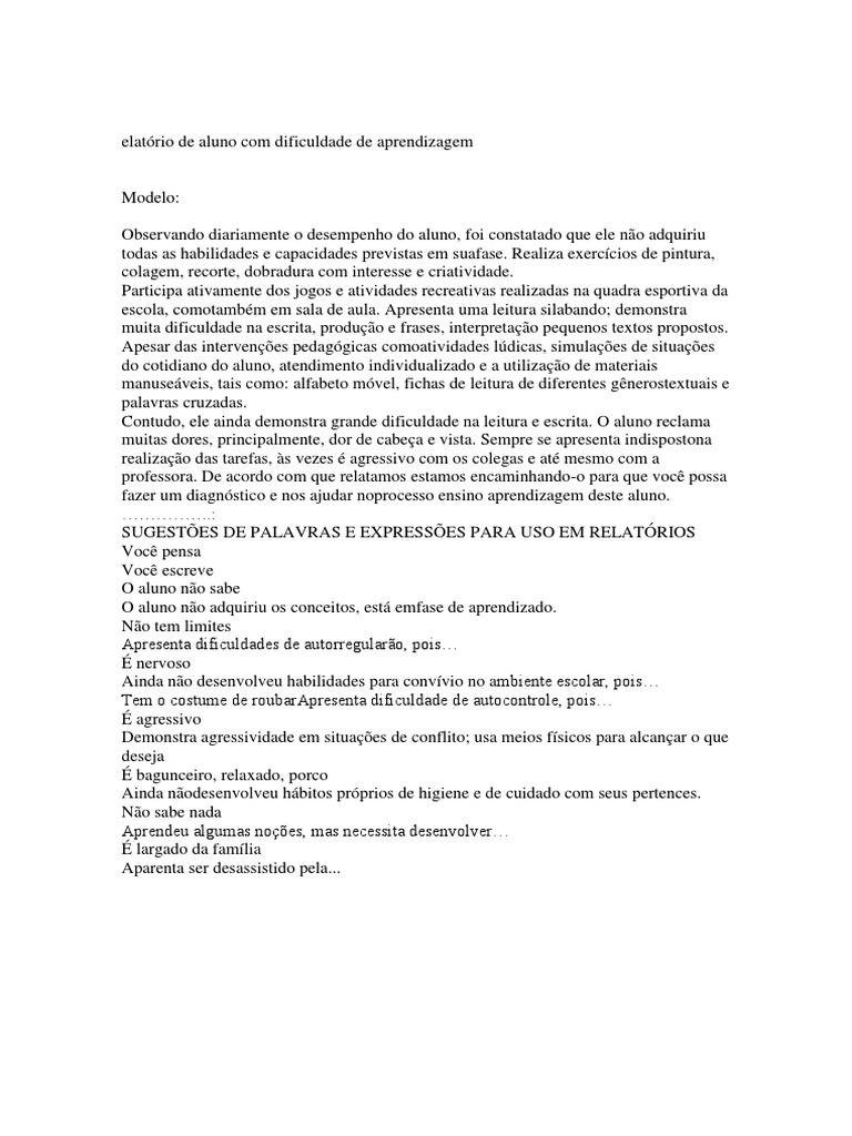 Relatório de Aluno Com Dificuldade de Aprendizagem