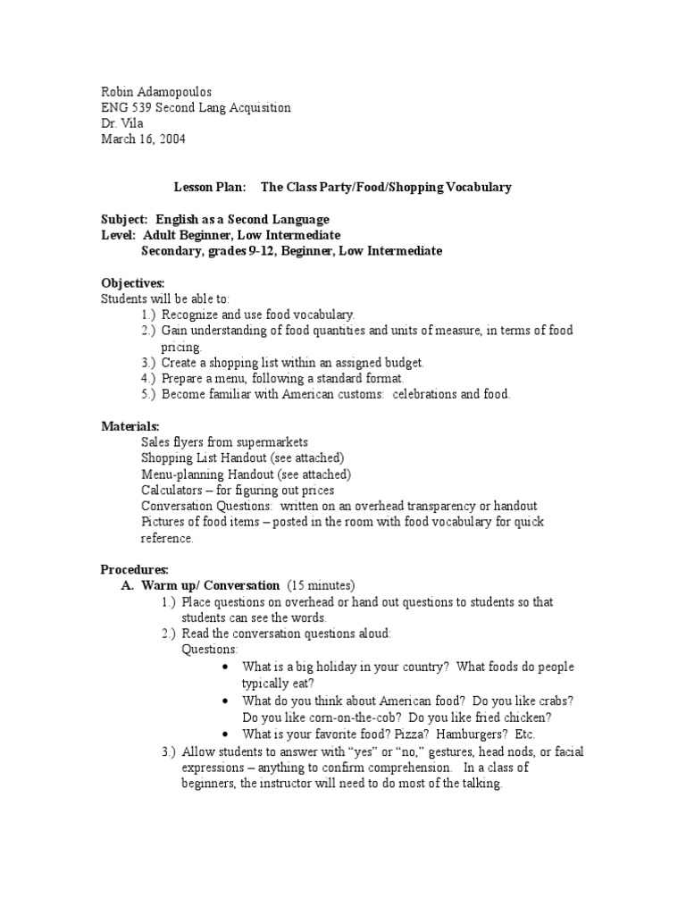 ESL Food Vocabulary Lesson Plan | PDF | Western Cuisine | Regional ...