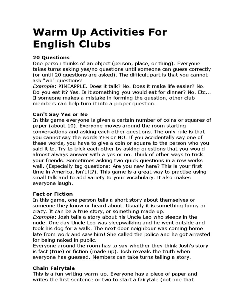 Warm Up Activities For English Clubs. – NAPJLY