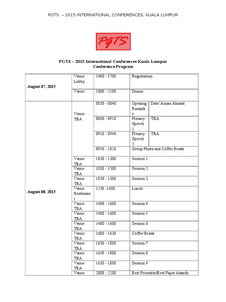 PGTS 2015 Conference Schedule Kuala Lumpur | PDF