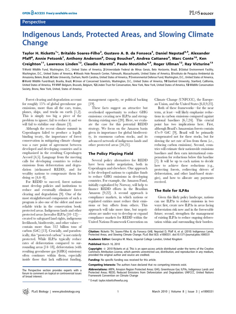 Indigenous Lands, Protected Areas and Slowing Climate Change | PDF