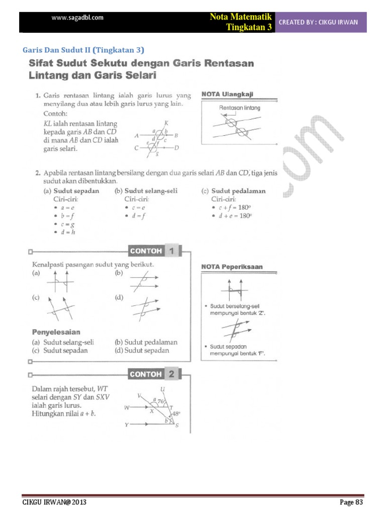 Bab 1 Matematik Tingkatan 3 Sudut Dan Garis Ii Pdf