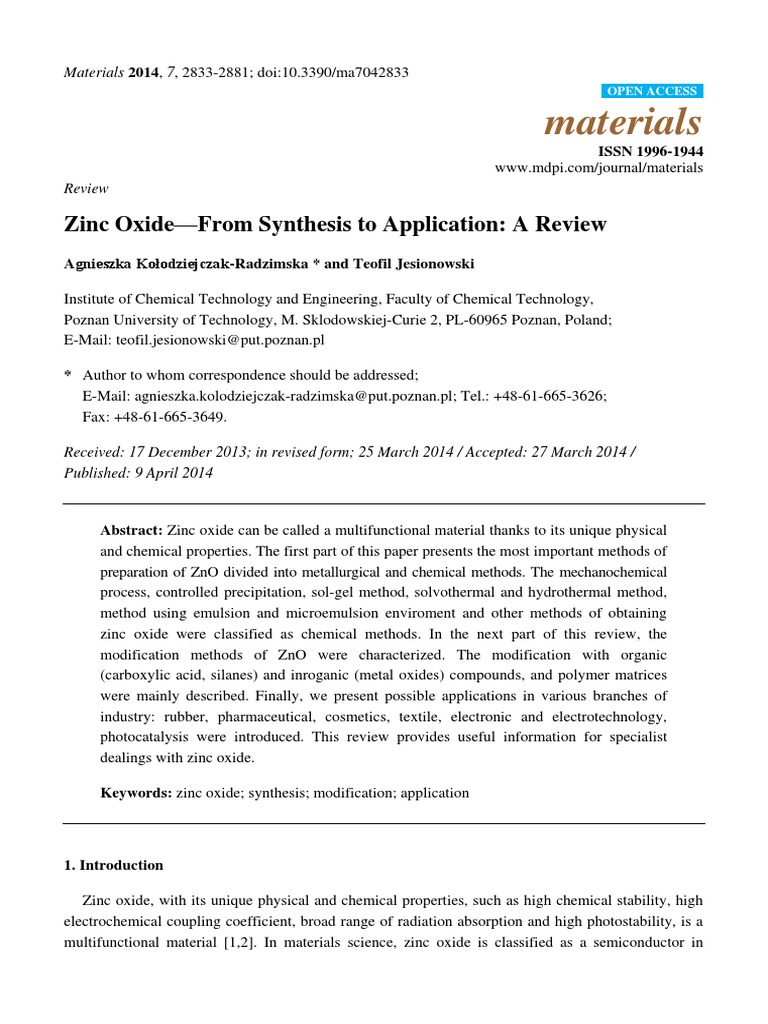 Zinc Oxide: Synthesis and Applications | PDF | Zinc Oxide | Nanoparticle
