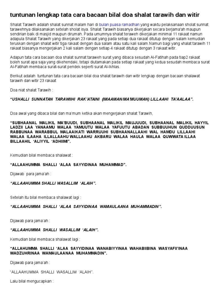 Tuntunan Lengkap Tata Cara Bacaan Bilal Doa Shalat Tarawih Dan Witir Pdf
