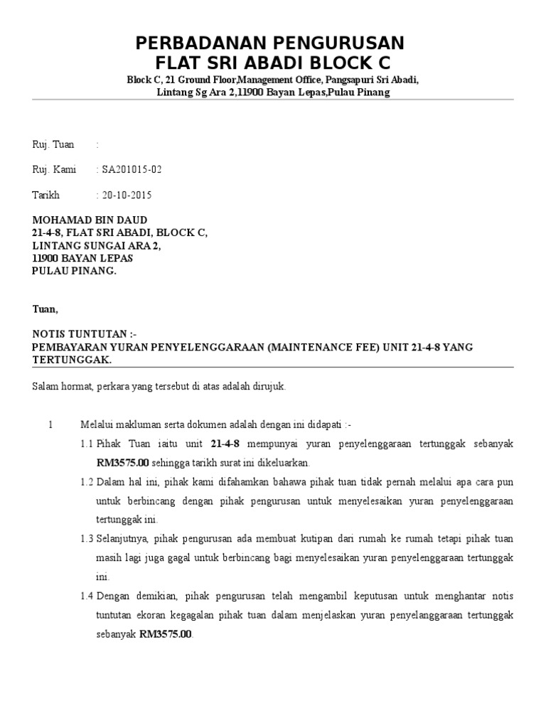 Contoh Surat Rasmi Hantar Tuntutan Perjalanan