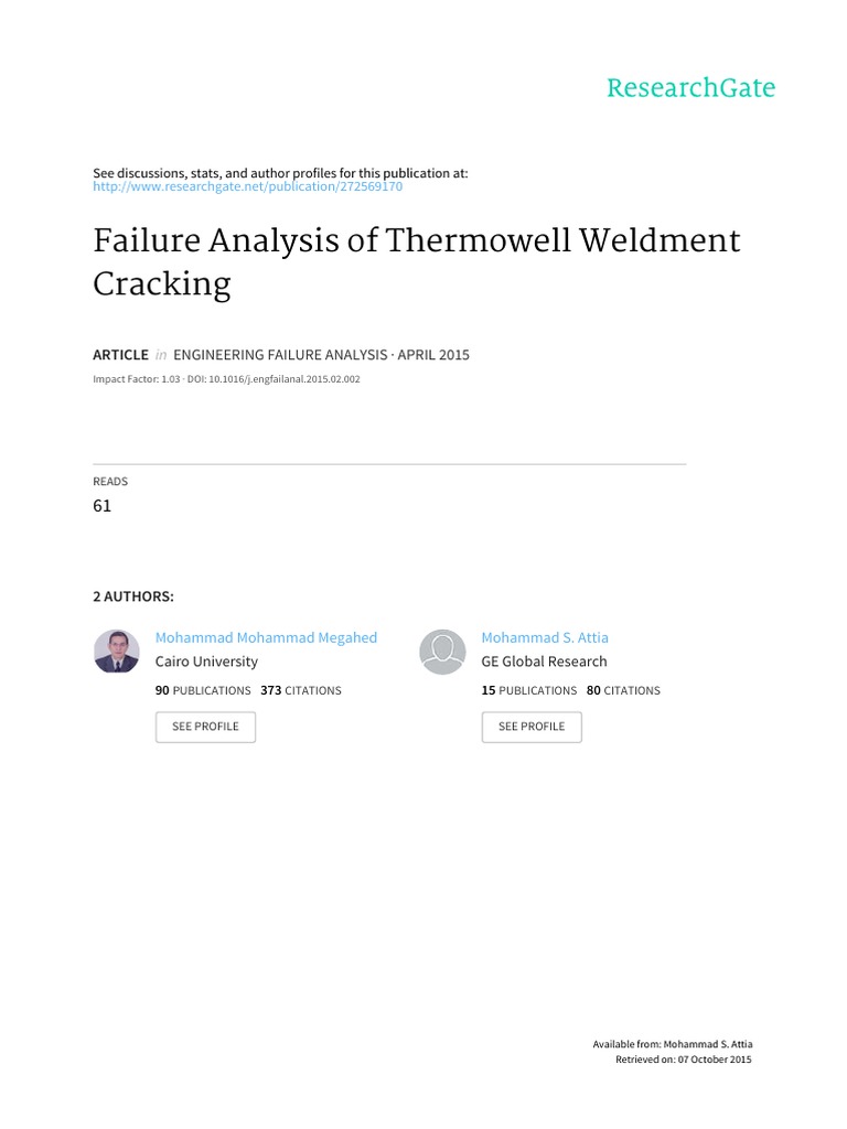 Failure Analysis of Thermowell Weldment Cracking PDF Fatigue