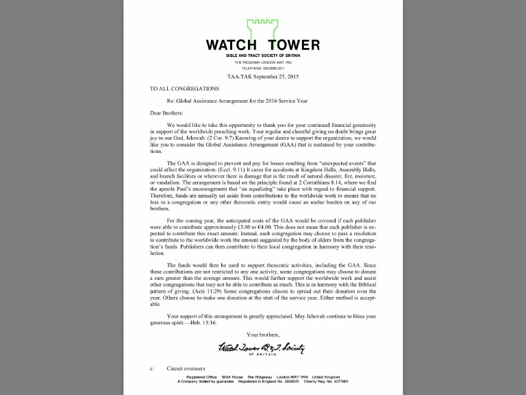WTBTS Sept 25 2015 Tithing Letter Page 1