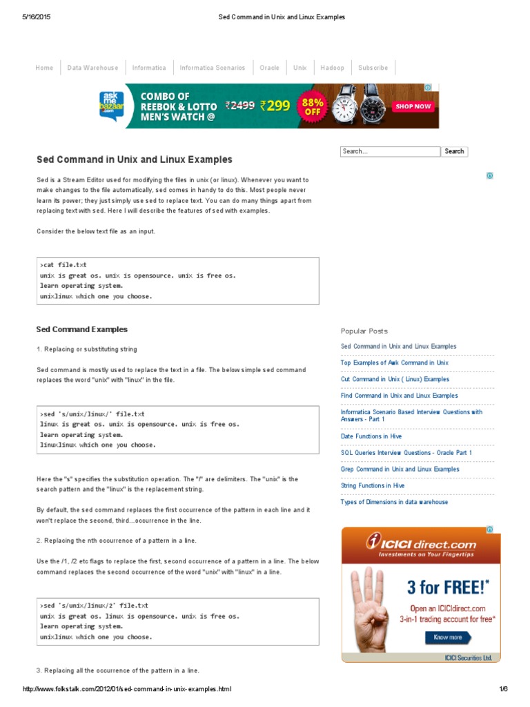 Sed Command Usage in Unix/Linux | PDF | Unix | Operating System