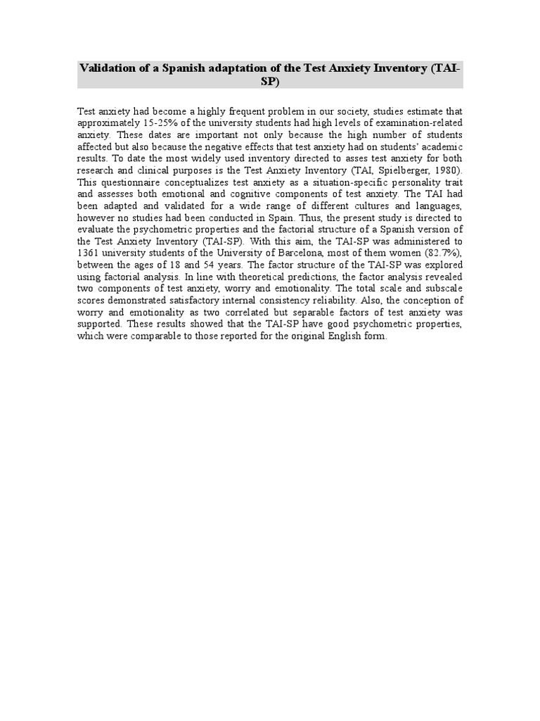 Validation of A Spanish Adaptation of The Test Anxiety Inventory | PDF
