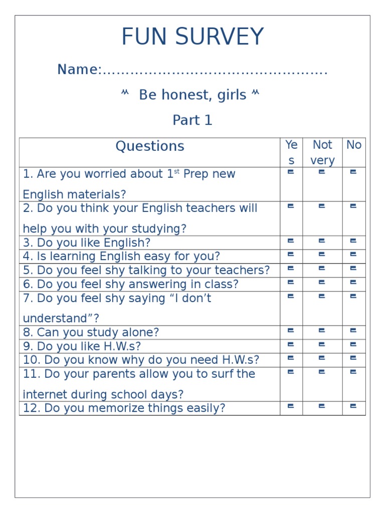 Fun Survey: Name: . Be Honest, Girls Questions | PDF