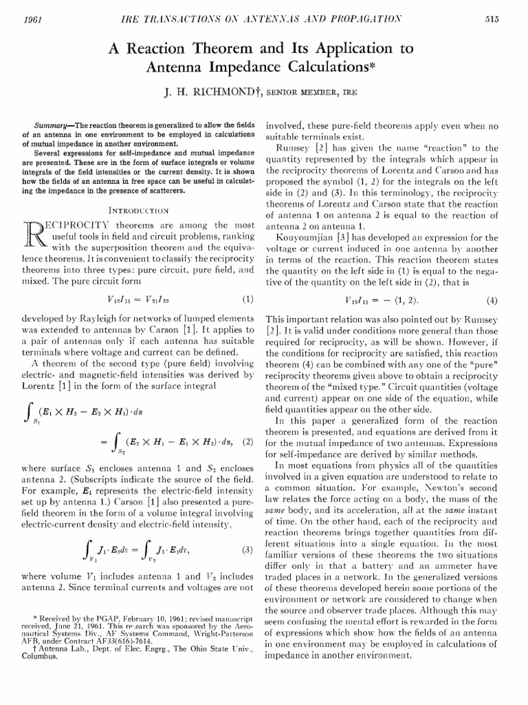 A Reaction Theorem and Its Application To Antenna Impedance CalculationspwL PDF Antenna