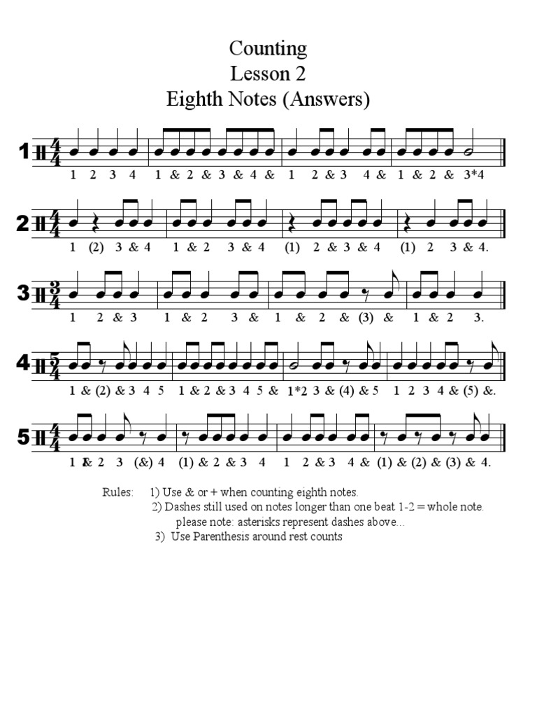 Counting Lesson 2 Eighth Notes (Answers) 1 2 3 4 5 | PDF