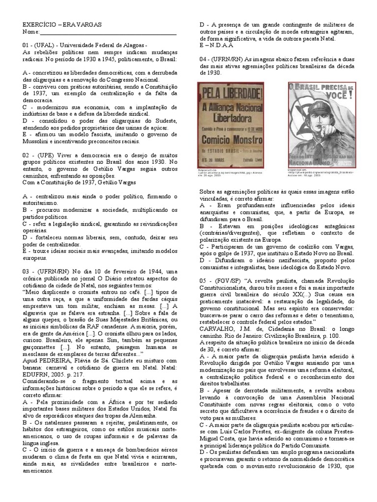 Atividade Dirigida Sobre A Era Vargas - 3 Série Do Ensino Médio | PDF ...